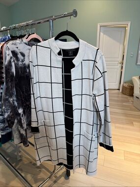 Tahari White and Black Grid Open-Front Coat